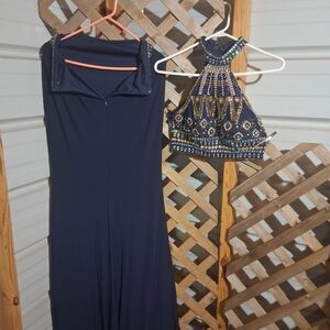 Sz 1/2  Navy Beaded Halter Crop Top & Navy Dress Set